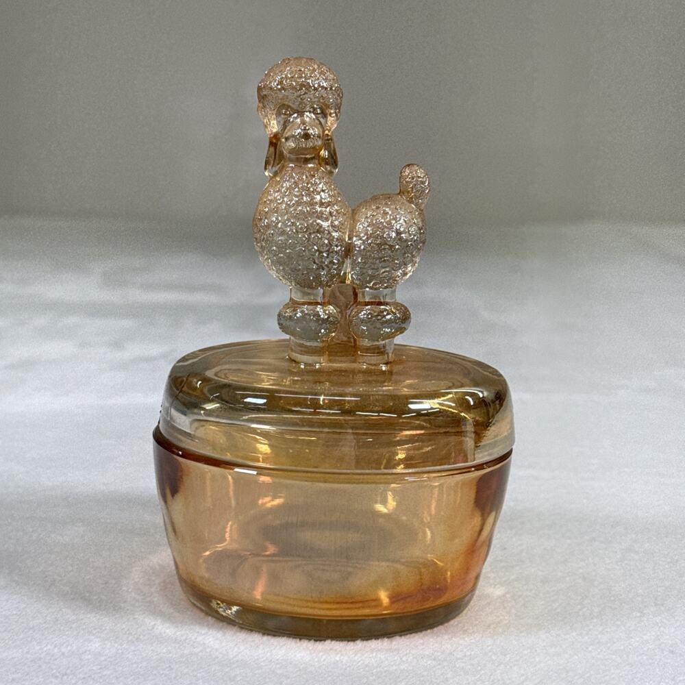 Vintage Jeanette Glass Iridescent Peach Lustre Poodle Dresser Box 6 1/2" Tall